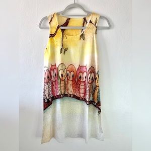 NWT SLEEVELESS CASUAL T-SHIRT A-LINE MINI DRESSES OWLS PRINT CREWNECK BEACH TANK